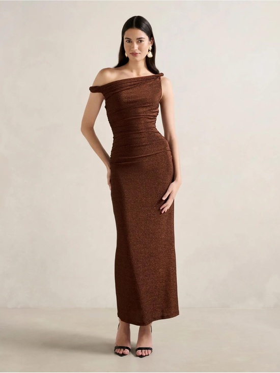 Ever New Dresses & Skirts - Vivian Asymmetric Twist Off-Shoulder Metallic Brown Maxi Dress | Ever New